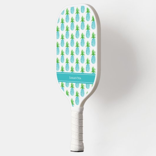 Raquette De Pickleball Aquarelle bleu turquoise Ananas Nom personnalisé (Gauche)