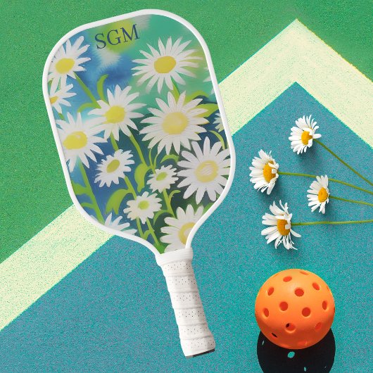 Raquette De Pickleball Aquarelle Champ de marguerites avec Monogramme