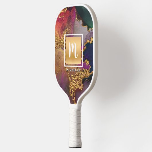 Raquette De Pickleball Aquarelle en marbre Monogramme or violet bleu vert (Gauche)