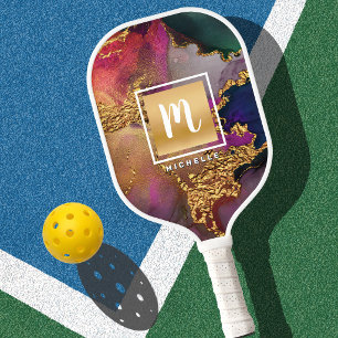 Raquette De Pickleball Aquarelle en marbre Monogramme or violet bleu vert