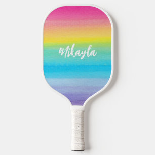 Raquette De Pickleball Aquarelle jolie rose Arc-en-ciel Nom du script ten