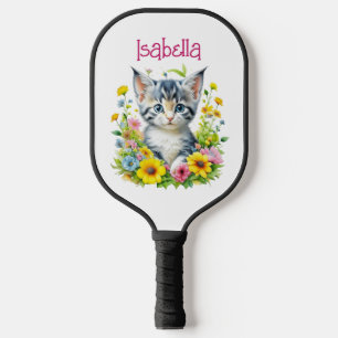 Raquette De Pickleball Aquarelle Kitten Fleurs Personnalisées