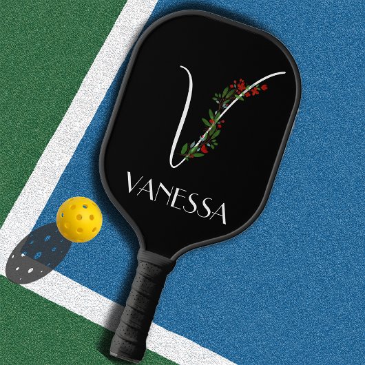 Raquette De Pickleball Aquarelle moderne nom initial V noir