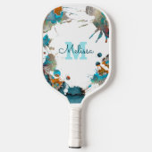 Raquette De Pickleball Aquarelle moderne Turquoise Silver Orange Splatter (Verso)