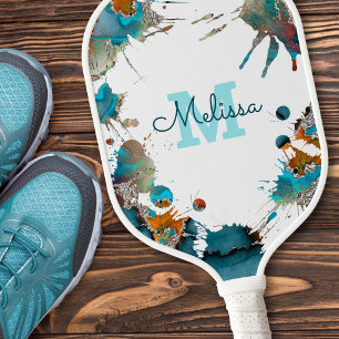 Raquette De Pickleball Aquarelle moderne Turquoise Silver Orange Splatter