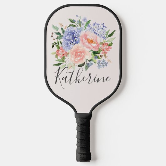 Raquette De Pickleball Aquarelle monogramme bleu rose printemps floral (Recto)