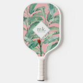 Raquette De Pickleball Aquarelle rose banane tropicale Feuilles Monogramm (Verso)
