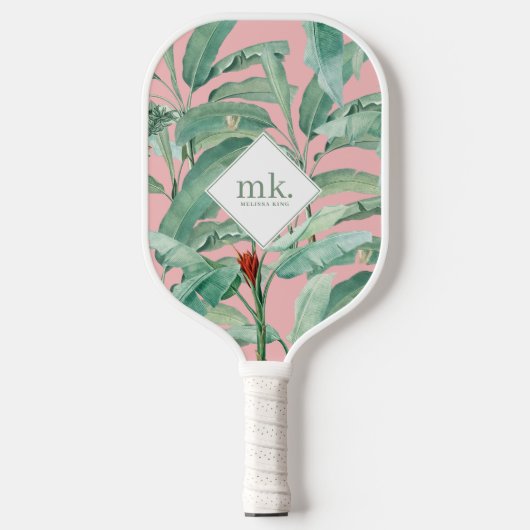 Raquette De Pickleball Aquarelle rose banane tropicale Feuilles Monogramm (Recto)