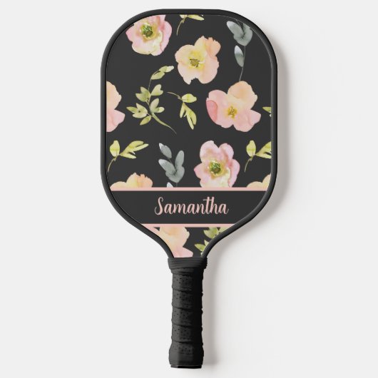 Raquette De Pickleball Aquarelle rose noire noire Nom floral (Verso)