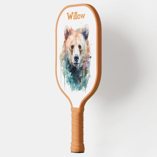 Raquette De Pickleball Aquarelle Tête d'ours Monogramme moderne (Gauche)