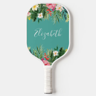 Raquette De Pickleball Aquarelle Tropical Floral Ajouter un nom Turquoise