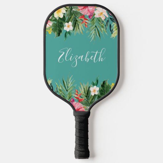 Raquette De Pickleball Aquarelle Tropical Floral Ajouter un nom Turquoise (Recto)