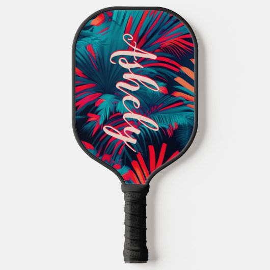 Raquette De Pickleball Aquarelle tropicale fluorescente Palm Feuilles Nom (Recto)