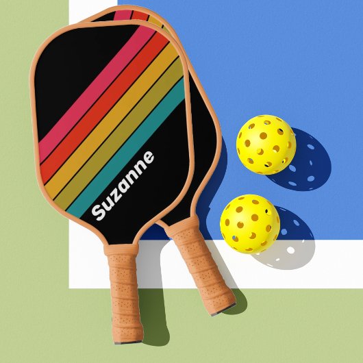 Raquette De Pickleball Arc-en-ciel rétro de minuit avec nom