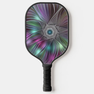 Raquette De Pickleball Art fractal abstrait coloré grande fleur tripant
