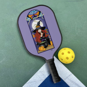 Raquette De Pickleball Art Nouveau Sorcière d'Automne Citrouilles Lune Vi