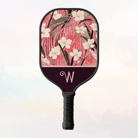 Raquette De Pickleball Asian Floral Pink Peach White Chinoiserie Monogram