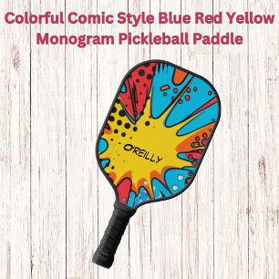 Raquette De Pickleball Bande dessinée colorée Bleu Rouge Jaune Monogramme