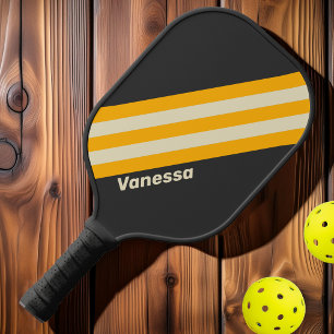 Raquette De Pickleball Bandes noires rétro soleil avec nom