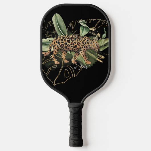RAQUETTE DE PICKLEBALL BEAU LEOPARD ART AVEC FEUILLES TROPICAUX (Recto)