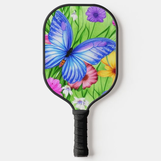 Raquette De Pickleball Beau Papillon Bleu avec fleurs Aquarelle (Recto)