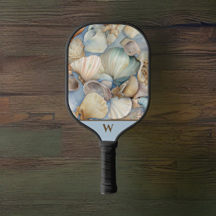 Raquette De Pickleball Belle plage Aquarelle de mer Coques de mer Monogra