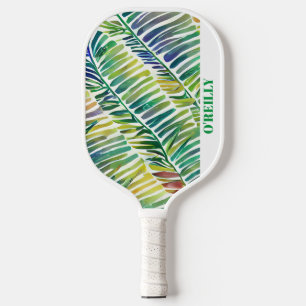 Raquette De Pickleball Blanc Abstrait Aquarelle Feuilles Moderne Monogram