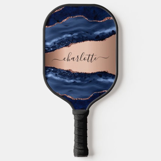 Raquette De Pickleball Bleu agate marbre rose or nom script (Recto)