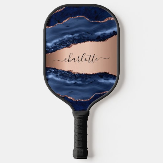 Raquette De Pickleball Bleu agate marbre rose or nom script (Verso)