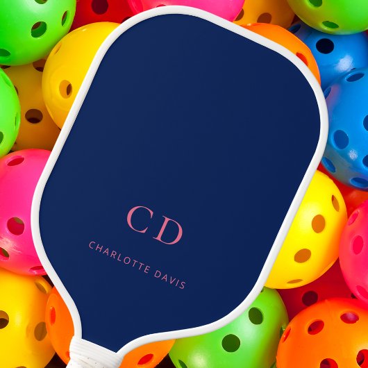 Raquette De Pickleball Bleu marine rose monogramme initiales nom