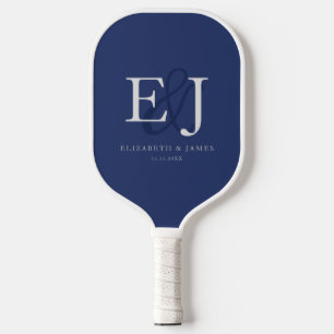 Raquette De Pickleball Bleu Marine Simple Élégant Couple Monogramme Maria
