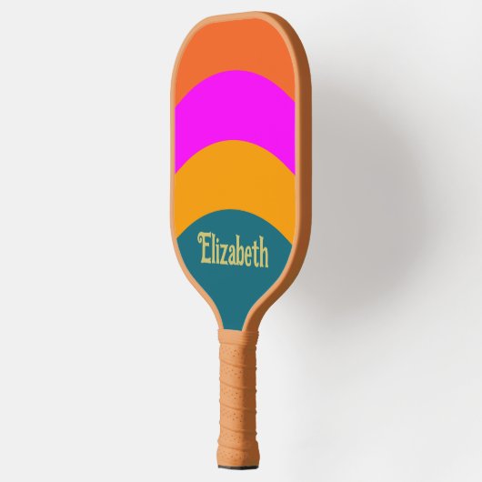 Raquette De Pickleball Bleu orange rétro et Magenta avec le nom (Gauche)