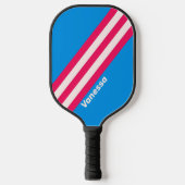 Raquette De Pickleball Bleu rétro Gravure rayures avec nom (Recto)