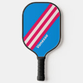 Raquette De Pickleball Bleu rétro Gravure rayures avec nom (Verso)