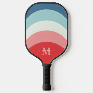 Raquette De Pickleball Bleu rose arc-en-ciel rayures de courbe Monogramme