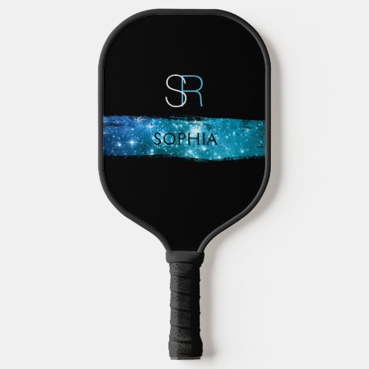 Raquette De Pickleball Bleu Stardust Brush Strot, Monogramme & Nom (Recto)