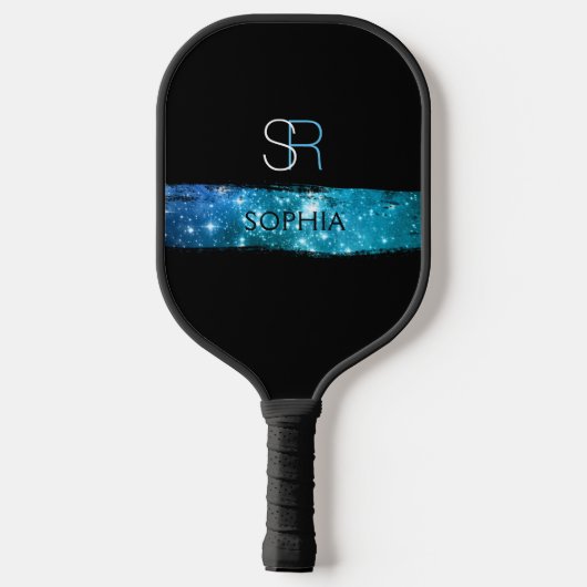 Raquette De Pickleball Bleu Stardust Brush Strot, Monogramme & Nom (Verso)