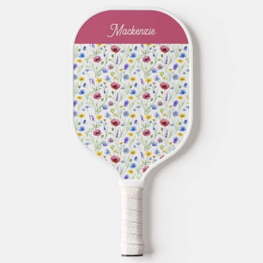 Raquette De Pickleball Blue Pink Wildflower Botanical Custom Name (Recto)