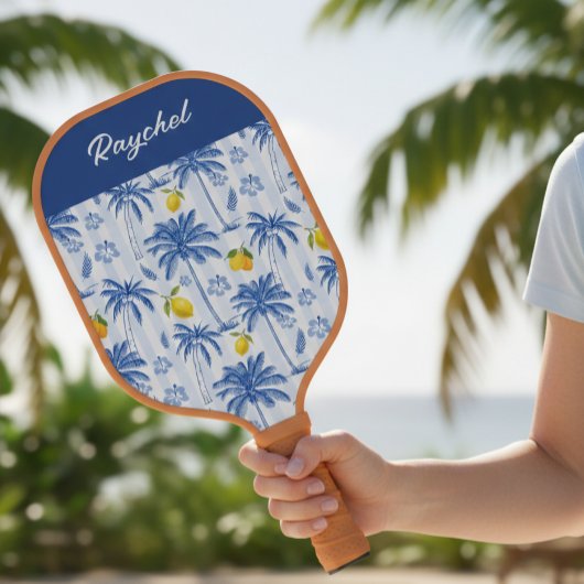 Raquette De Pickleball Blue Toile Palm Trees Lemons Monogram Name