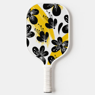 Raquette De Pickleball Bold Black Floral with Yellow Brushstroke accents