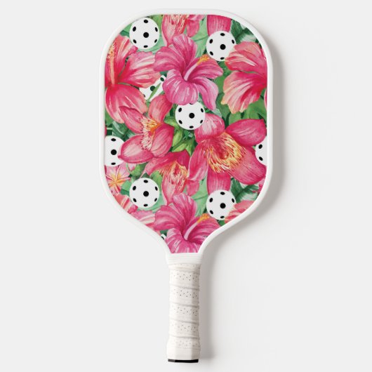 Raquette De Pickleball 🌺 🌴 Boule tropicale à l'hibiscus, avec texte (Verso)
