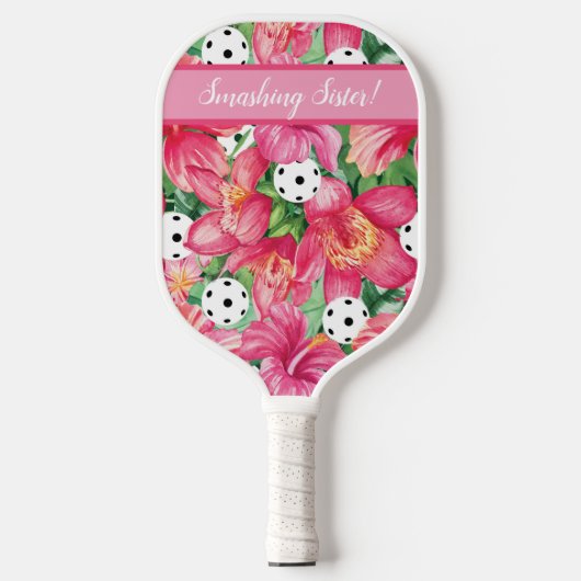 Raquette De Pickleball 🌺 🌴 Boule tropicale à l'hibiscus, avec texte (Recto)