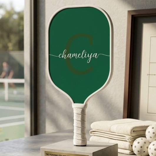 Raquette De Pickleball Bouteille Monogramme Moderne Verte & Blanche