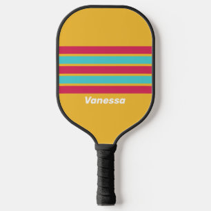 Raquette De Pickleball Brise Tropicale Rétro sur Fond Rayé avec Nom