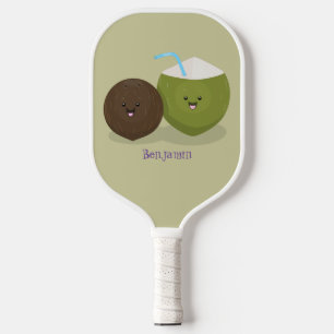 Raquette De Pickleball Caricature de noix de coco kawaii joyeux