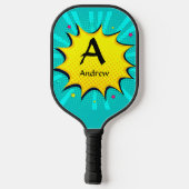 Raquette De Pickleball Changer Initial, Ajouter Nom, Pop Art Aqua Bleu Ja (Verso)