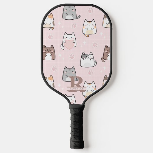 Raquette De Pickleball Chat Kawaii en Arrière - plan rose (Recto)