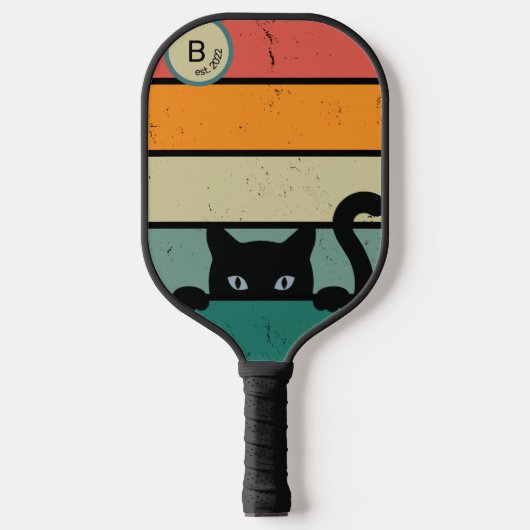 Raquette De Pickleball Chat noir initial rétro personnalisé (Recto)
