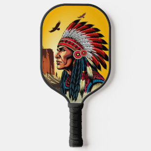 Raquette De Pickleball Chef amérindien sur paysage sauvage coucher de sol