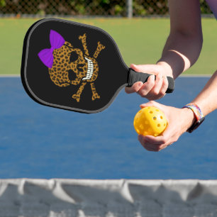 Raquette De Pickleball Chic Empreinte de léopard Pirate Crâne pourpre Bow